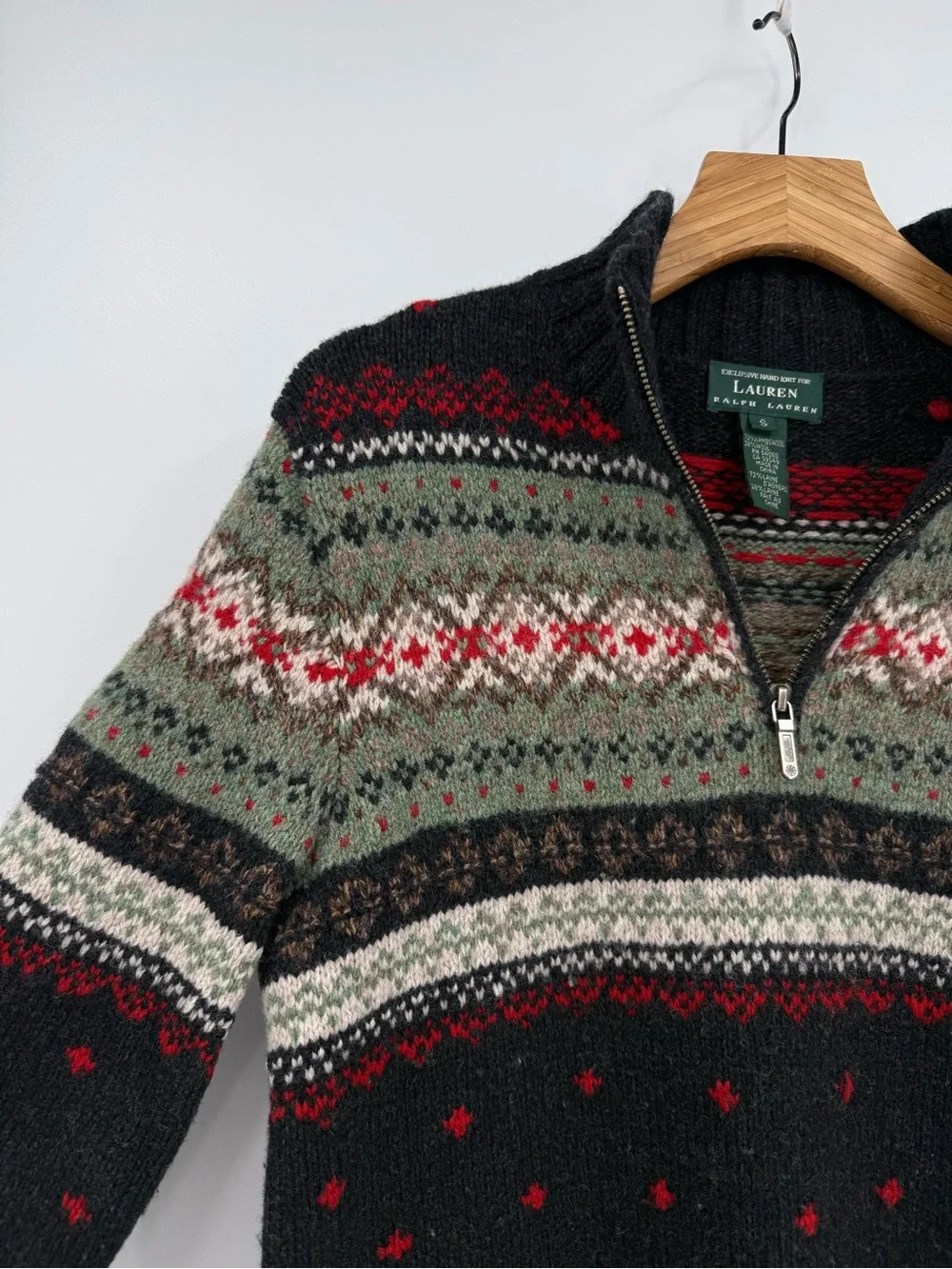 Ralph Lauren Lambswool Nordic Fair Isle Quarter Zip Hand Knit Sweater Size S